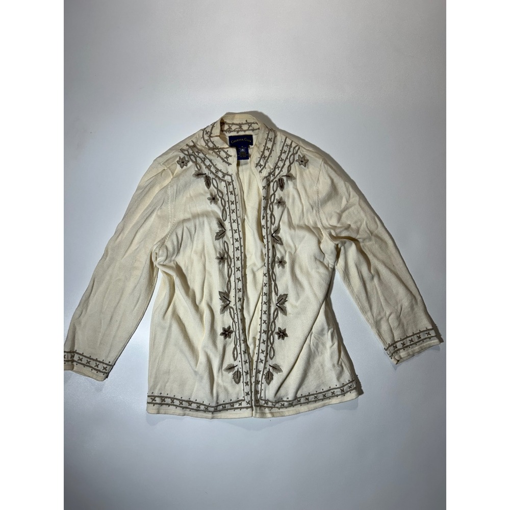 Charter Club Cardigan Sweater Womens M Cream Good Embroidered Floral Cotton